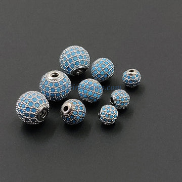 CZ Micro Pave Turquoise Pave Round Balls, Silver Rhodium Plated 8 mm #2677, 10 mm Stone Beads Blue Zircons Crystal Focal Beads